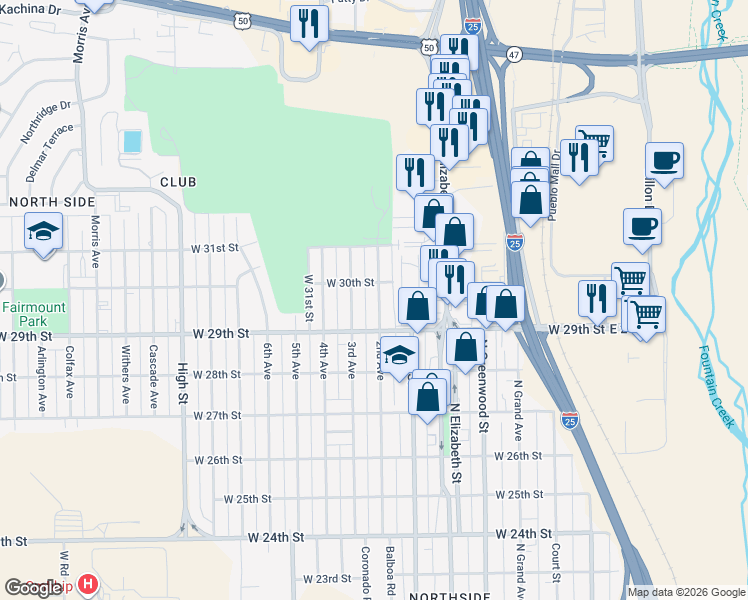 map of restaurants, bars, coffee shops, grocery stores, and more near 3003 3rd Avenue in Pueblo