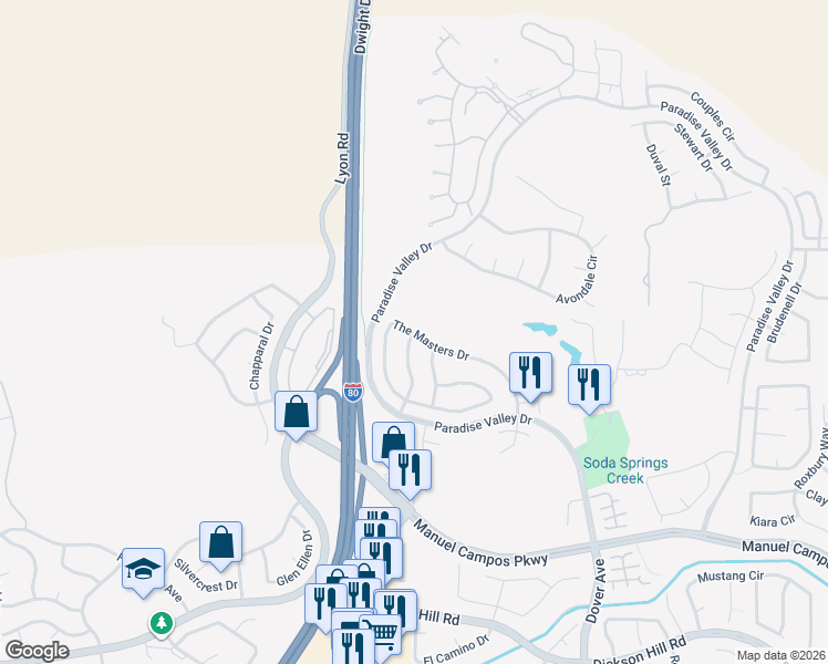 map of restaurants, bars, coffee shops, grocery stores, and more near The Masters Dr & Camelback Dr in Fairfield