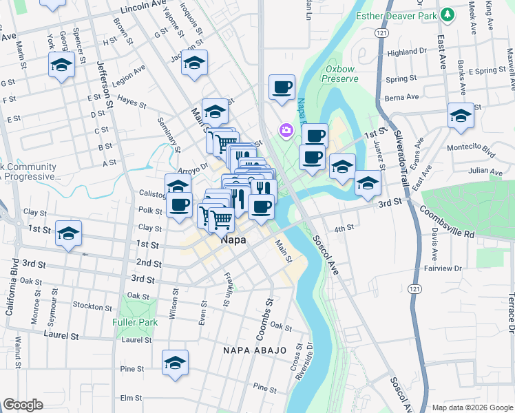 map of restaurants, bars, coffee shops, grocery stores, and more near 948 Main Street in Napa