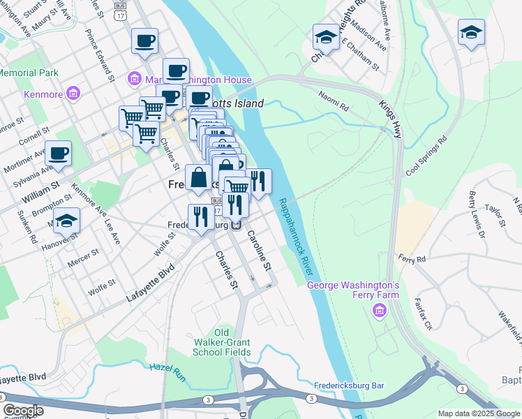 map of restaurants, bars, coffee shops, grocery stores, and more near 503 Sophia Street in Fredericksburg