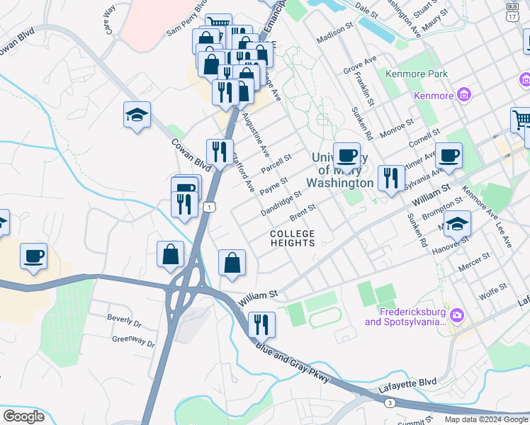 map of restaurants, bars, coffee shops, grocery stores, and more near Dandridge Street in Fredericksburg