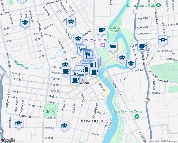 map of restaurants, bars, coffee shops, grocery stores, and more near 1026 1st Street in Napa