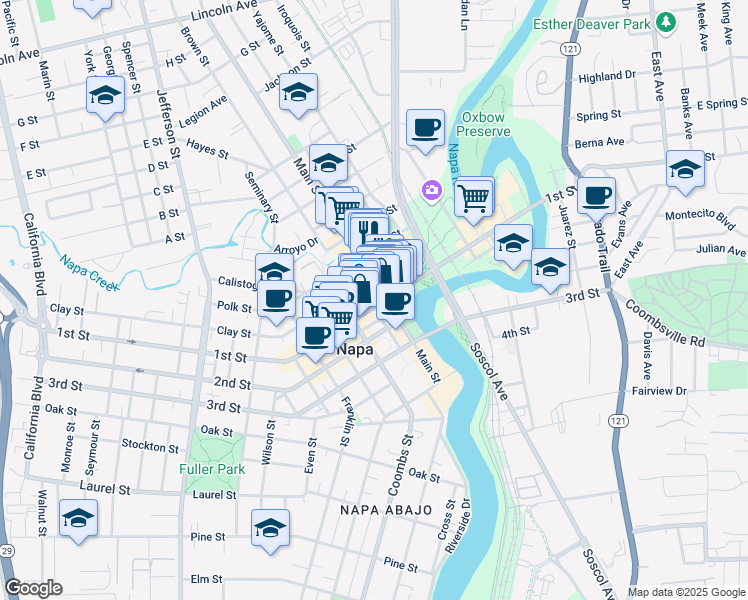 map of restaurants, bars, coffee shops, grocery stores, and more near 1026 1st Street in Napa