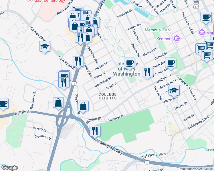 map of restaurants, bars, coffee shops, grocery stores, and more near 1300 Augustine Avenue in Fredericksburg