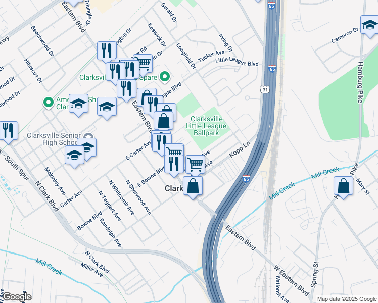 map of restaurants, bars, coffee shops, grocery stores, and more near 586 Eastern Boulevard in Clarksville