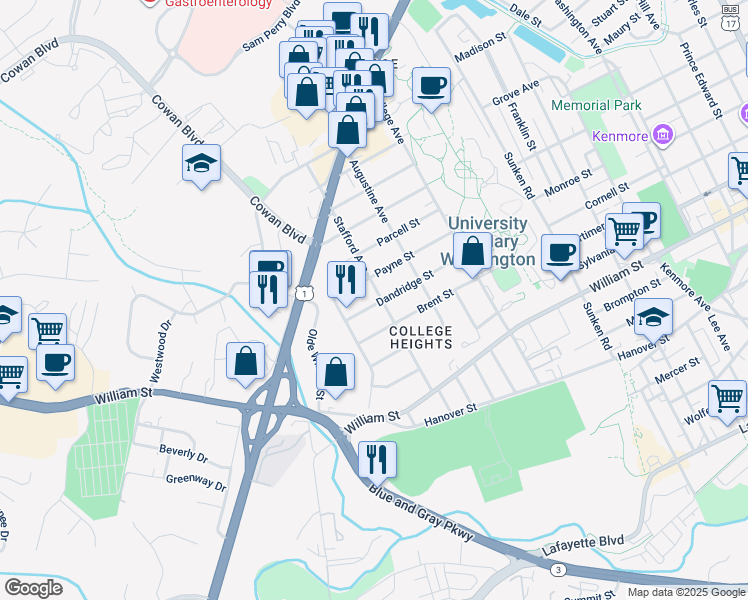 map of restaurants, bars, coffee shops, grocery stores, and more near 1400 Stafford Avenue in Fredericksburg