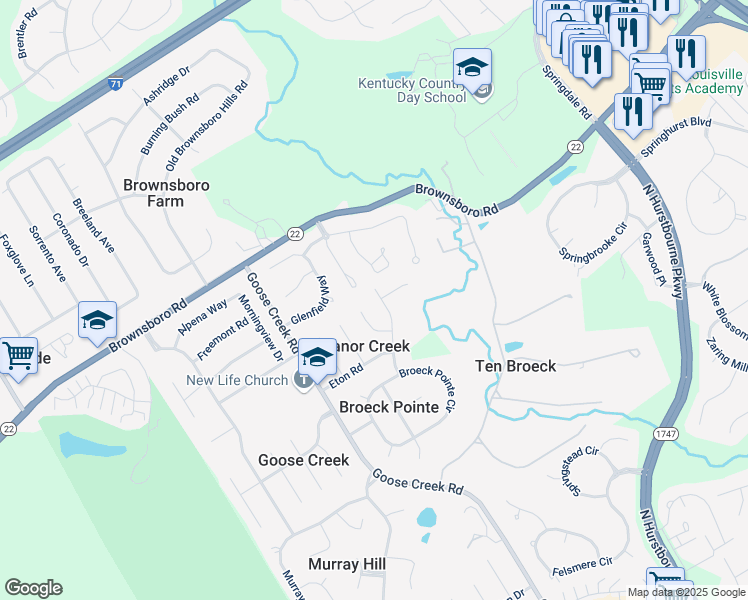 map of restaurants, bars, coffee shops, grocery stores, and more near 3600 Rems Road in Louisville