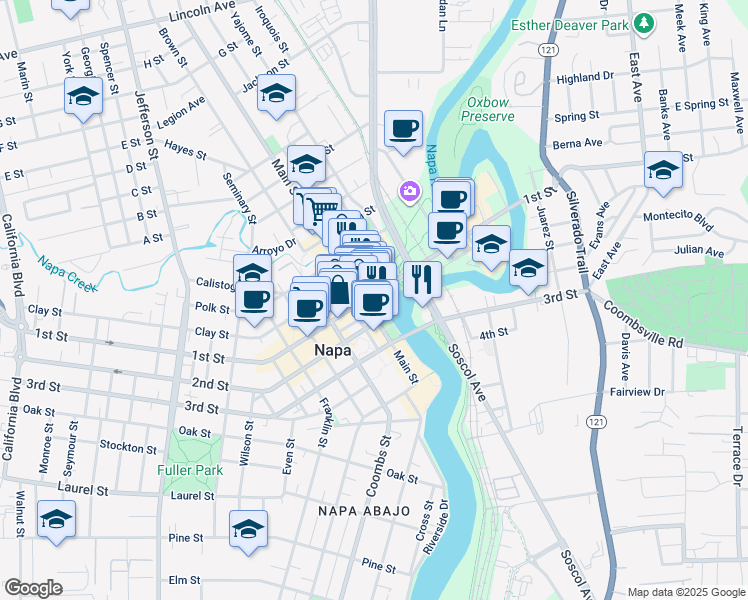 map of restaurants, bars, coffee shops, grocery stores, and more near 975 1st Street in Napa
