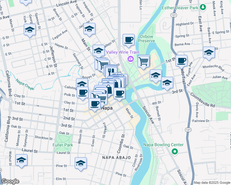 map of restaurants, bars, coffee shops, grocery stores, and more near 1006 1st Street in Napa