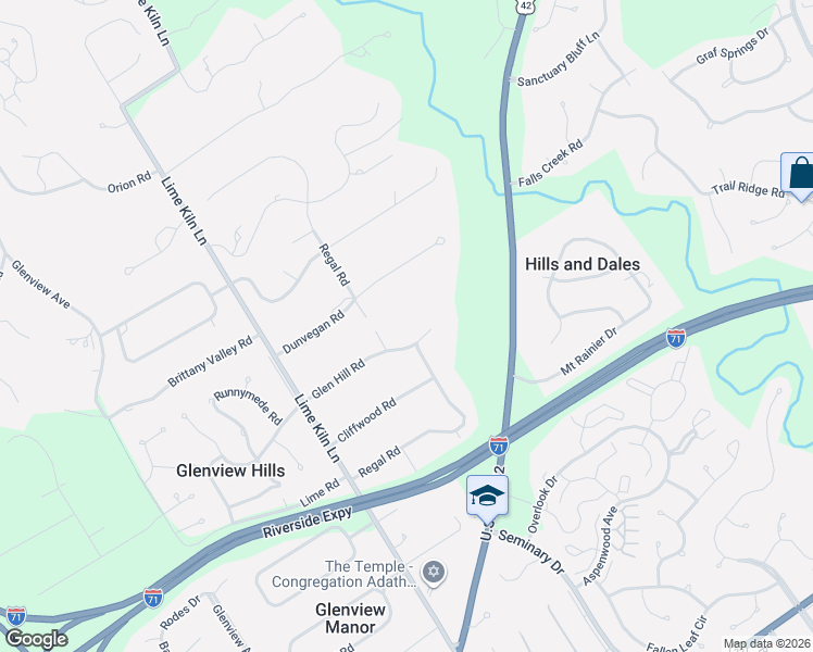 map of restaurants, bars, coffee shops, grocery stores, and more near 6500 Regal Road in Louisville