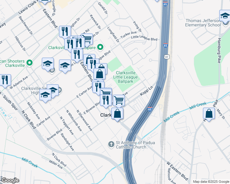 map of restaurants, bars, coffee shops, grocery stores, and more near 586 Eastern Boulevard in Clarksville