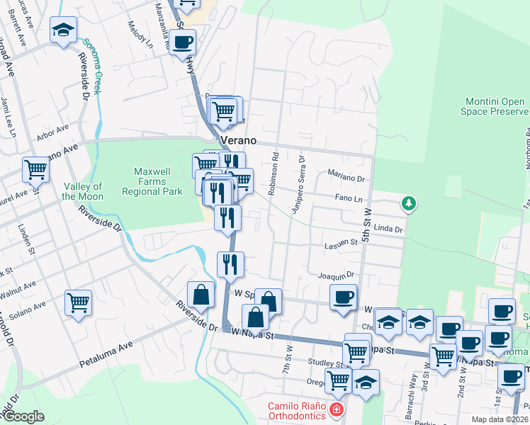 map of restaurants, bars, coffee shops, grocery stores, and more near 19171 Robinson Rd in Sonoma