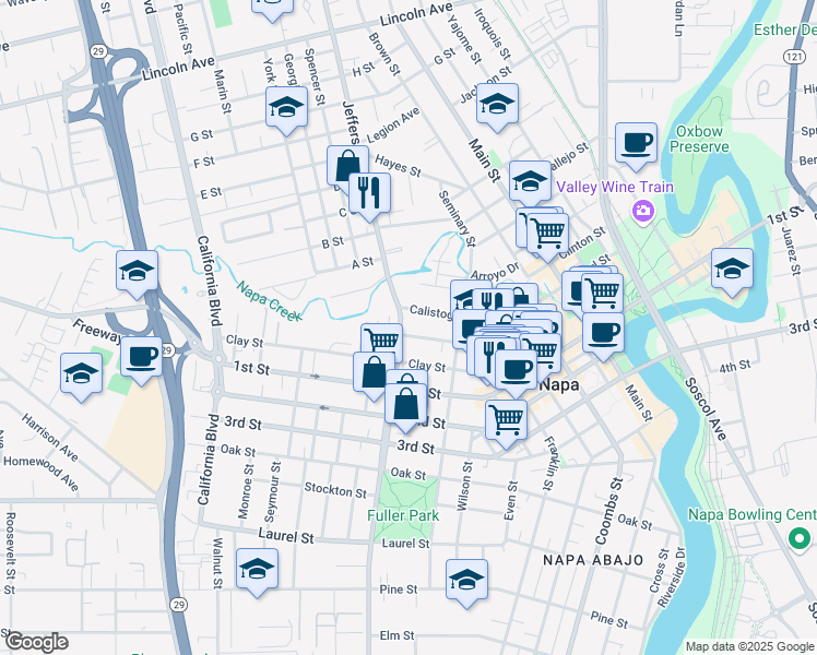 map of restaurants, bars, coffee shops, grocery stores, and more near 1251 Jefferson Street in Napa