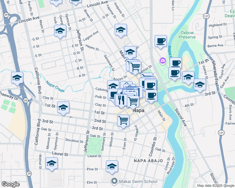 map of restaurants, bars, coffee shops, grocery stores, and more near 1240 Pearl Street in Napa