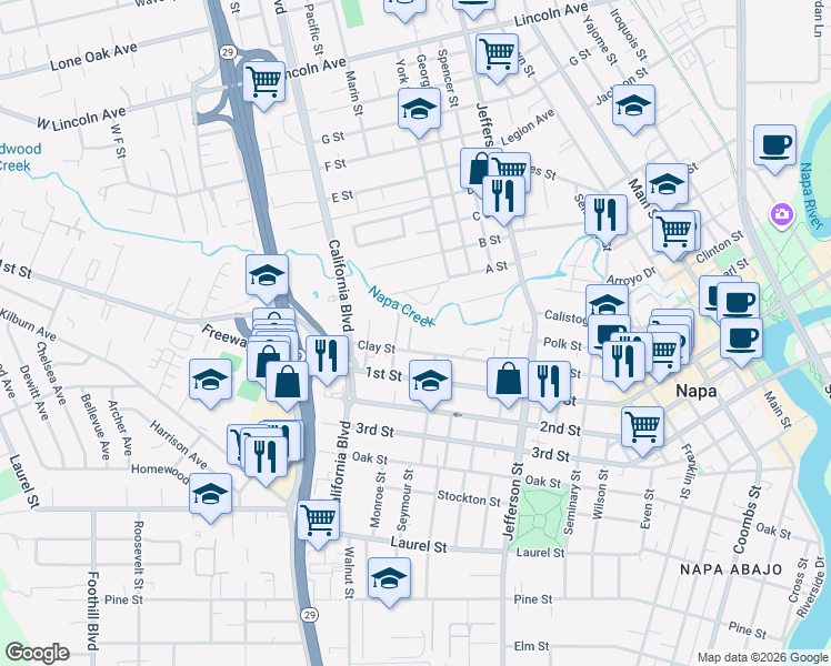 map of restaurants, bars, coffee shops, grocery stores, and more near 2234 Clay Street in Napa