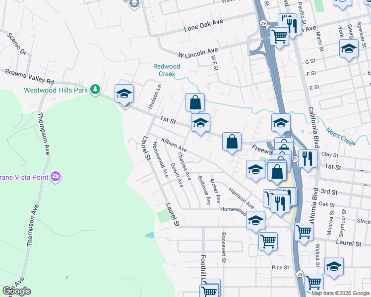 map of restaurants, bars, coffee shops, grocery stores, and more near 220 Chelsea Avenue in Napa