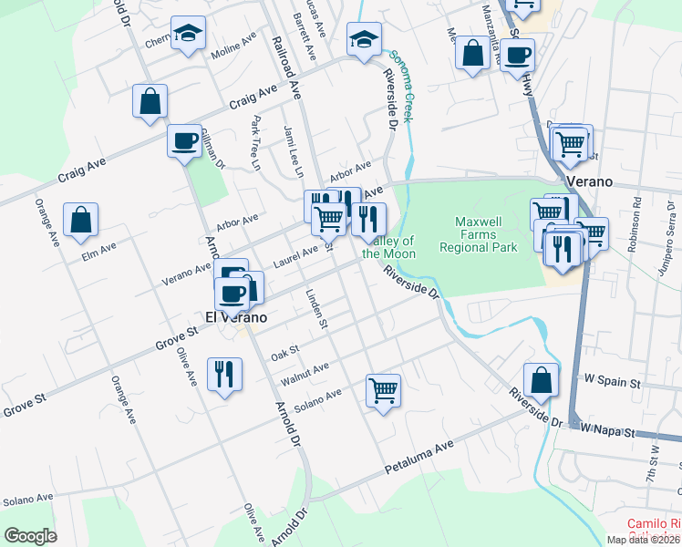 map of restaurants, bars, coffee shops, grocery stores, and more near in El Verano