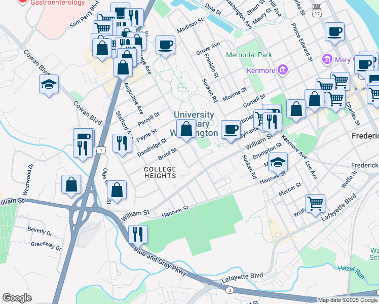map of restaurants, bars, coffee shops, grocery stores, and more near 1206 College Avenue in Fredericksburg
