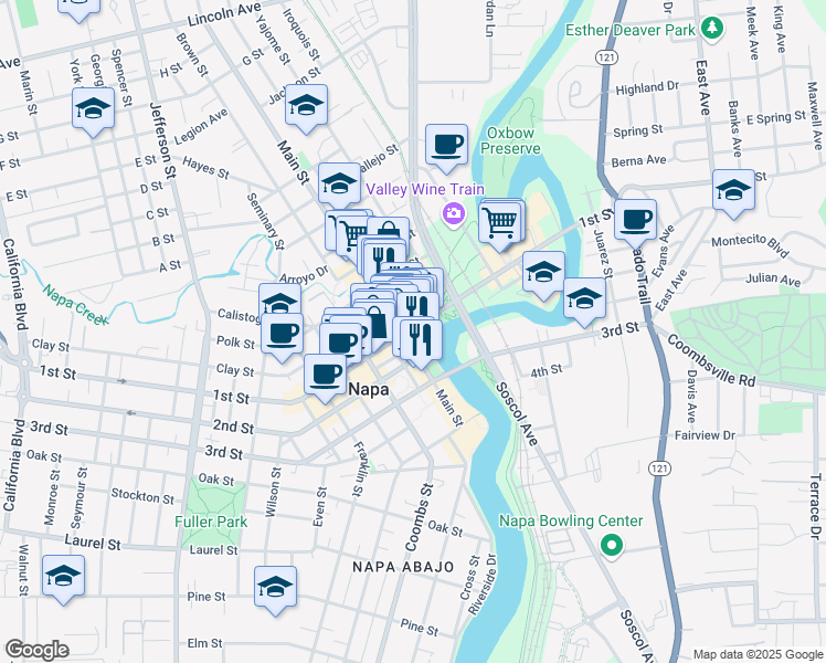 map of restaurants, bars, coffee shops, grocery stores, and more near 975 1st Street in Napa