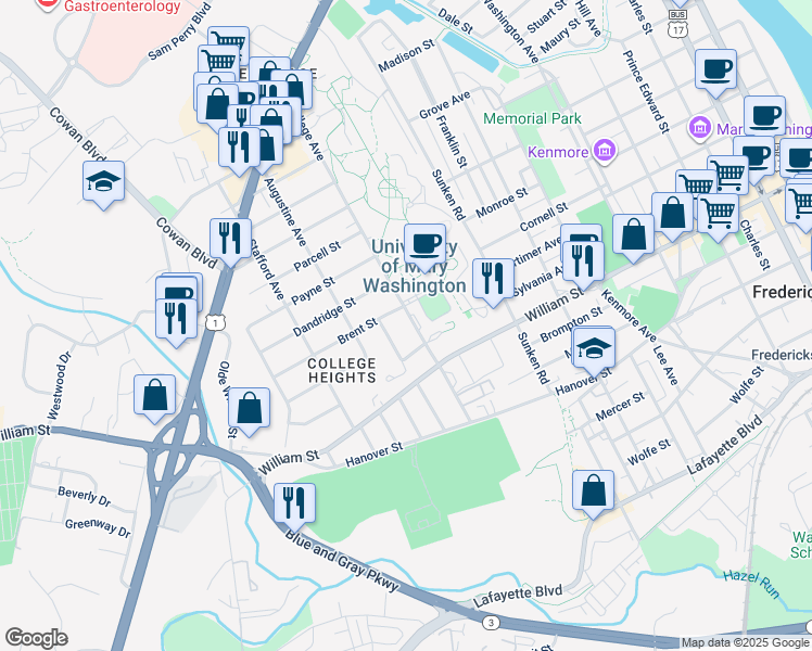 map of restaurants, bars, coffee shops, grocery stores, and more near 1206 College Avenue in Fredericksburg