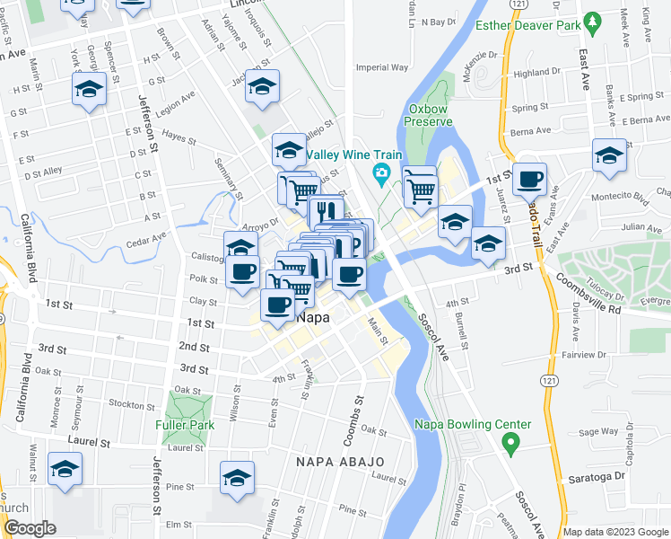 map of restaurants, bars, coffee shops, grocery stores, and more near 1006 1st Street in Napa