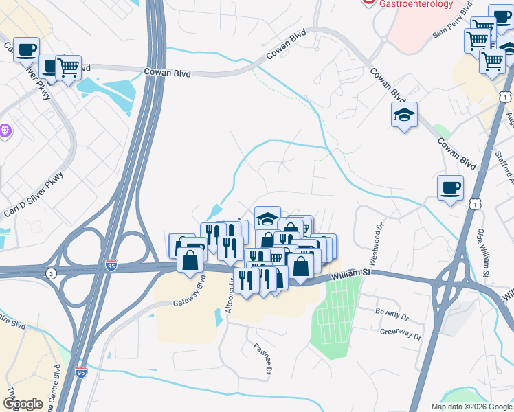 map of restaurants, bars, coffee shops, grocery stores, and more near 1000 Century Oak Drive in Fredericksburg