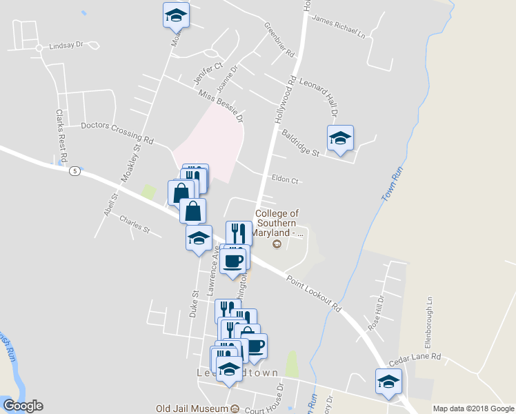 map of restaurants, bars, coffee shops, grocery stores, and more near 20636 Hollywood Road in Leonardtown
