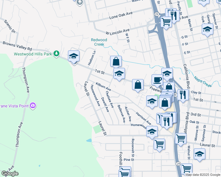 map of restaurants, bars, coffee shops, grocery stores, and more near 220 Chelsea Avenue in Napa