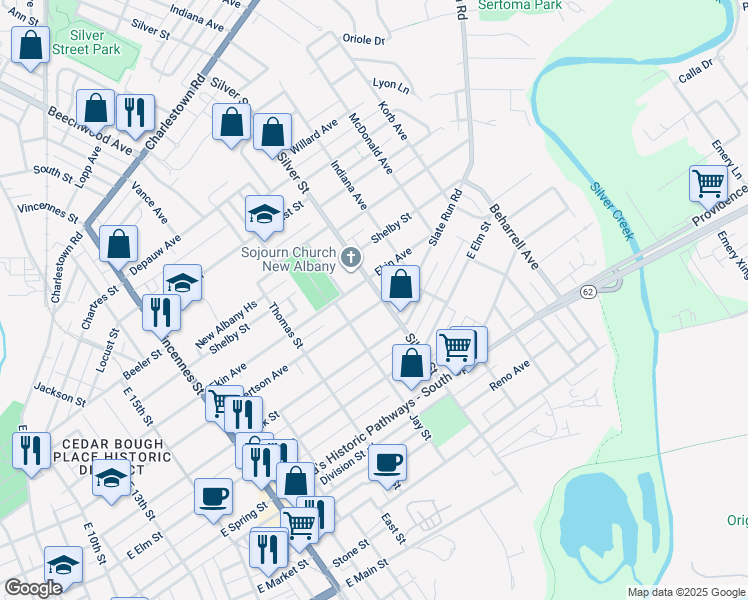 map of restaurants, bars, coffee shops, grocery stores, and more near 2025 Culbertson Avenue in New Albany