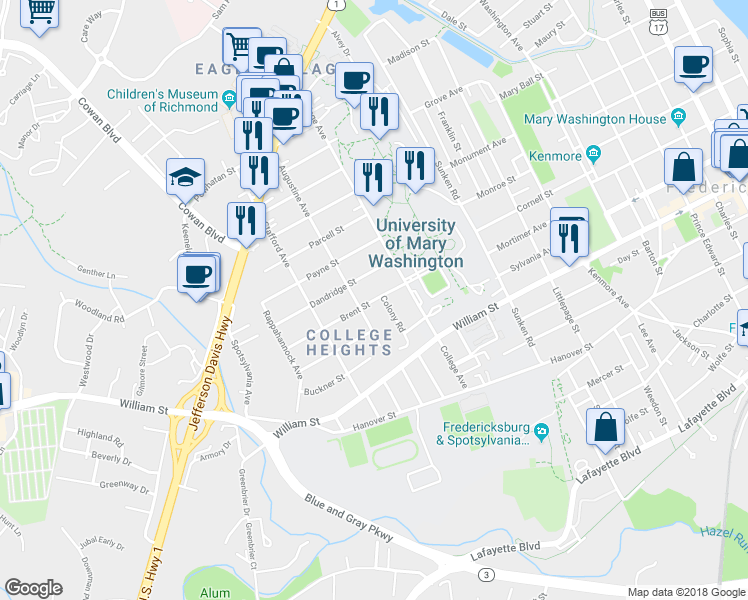 map of restaurants, bars, coffee shops, grocery stores, and more near 1229 Brent Street in Fredericksburg