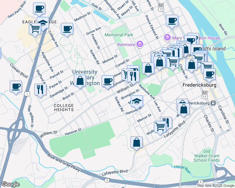 map of restaurants, bars, coffee shops, grocery stores, and more near 918 William Street in Fredericksburg