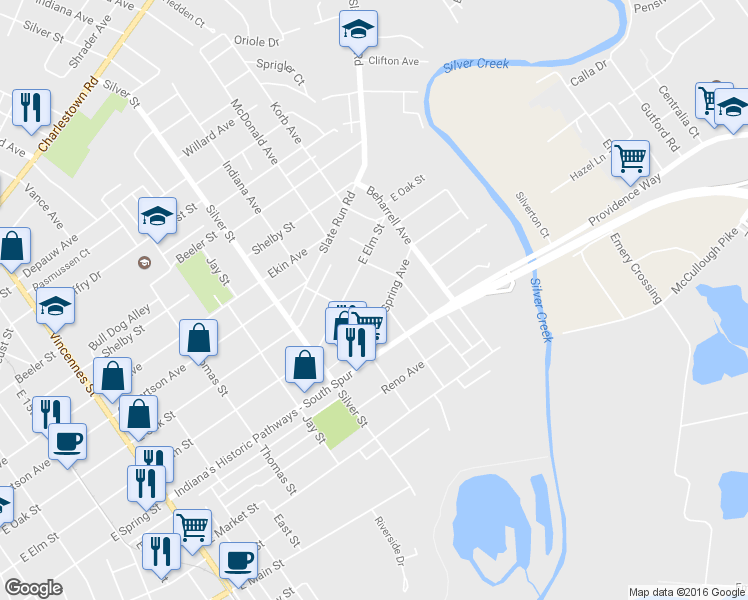 map of restaurants, bars, coffee shops, grocery stores, and more near 2303 Spring Avenue in New Albany