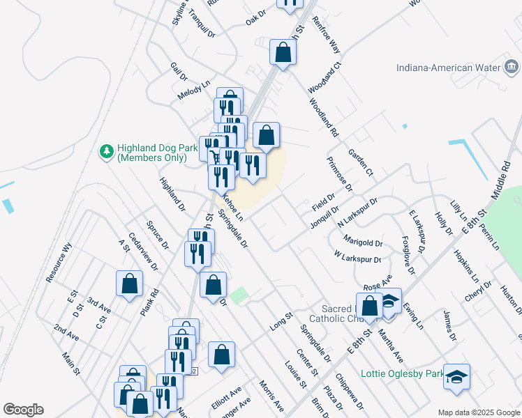 map of restaurants, bars, coffee shops, grocery stores, and more near 1027 Coots Avenue in Jeffersonville
