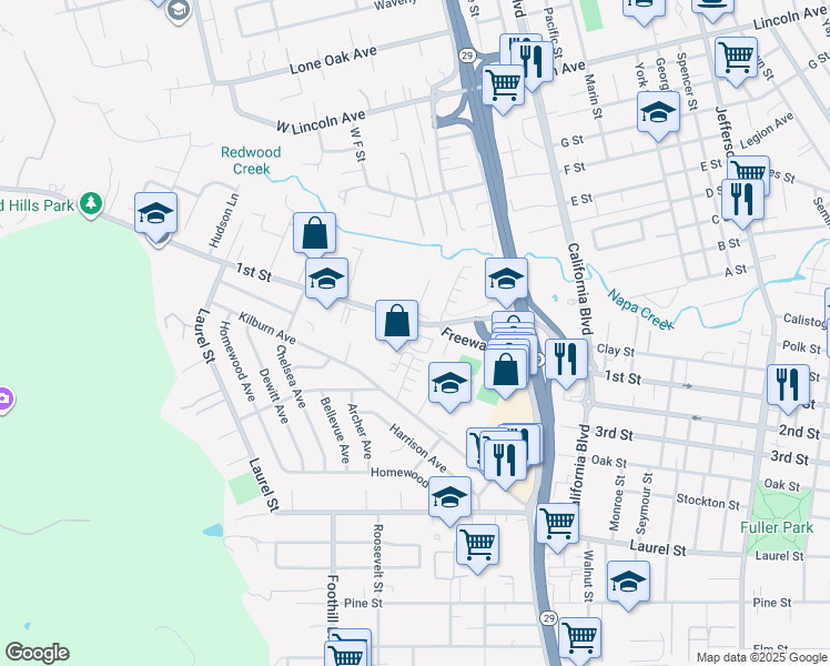 map of restaurants, bars, coffee shops, grocery stores, and more near 2617 1st Street in Napa