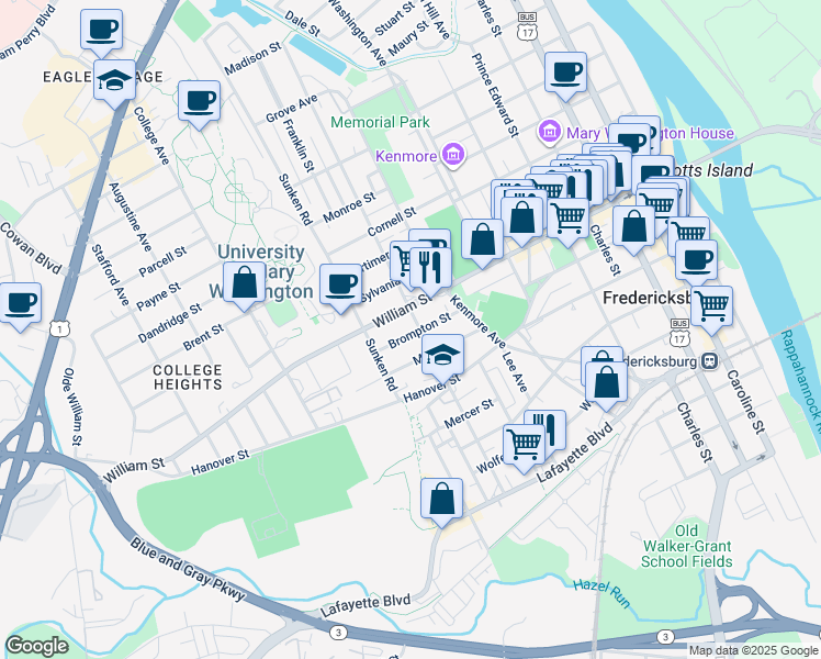 map of restaurants, bars, coffee shops, grocery stores, and more near 903 Brompton Street in Fredericksburg