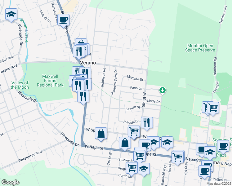map of restaurants, bars, coffee shops, grocery stores, and more near 19140 Junipero Serra Drive in Sonoma