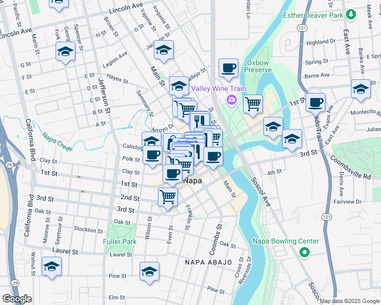 map of restaurants, bars, coffee shops, grocery stores, and more near 1116 1st Street in Napa