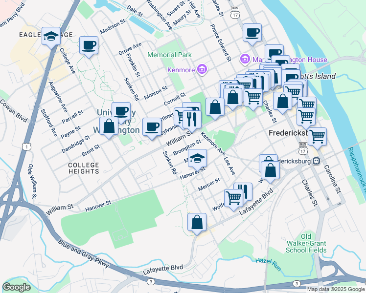 map of restaurants, bars, coffee shops, grocery stores, and more near 903 Brompton Street in Fredericksburg