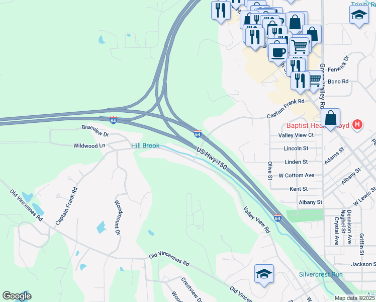 map of restaurants, bars, coffee shops, grocery stores, and more near 776 Captain Frank Road in New Albany
