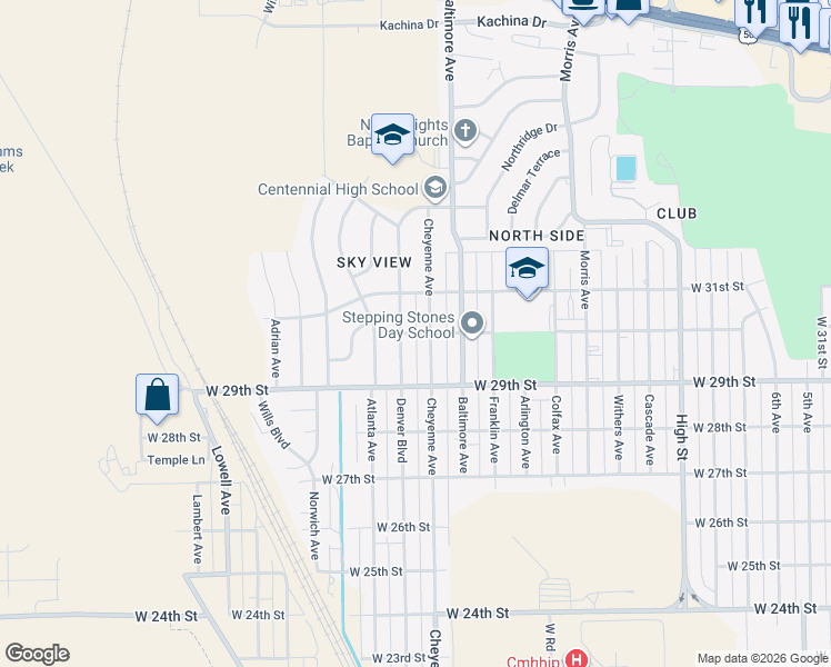 map of restaurants, bars, coffee shops, grocery stores, and more near 2349 West 30th Street in Pueblo