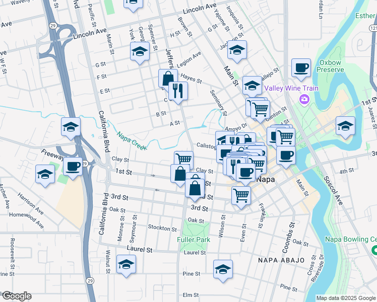 map of restaurants, bars, coffee shops, grocery stores, and more near 1251 Jefferson Street in Napa