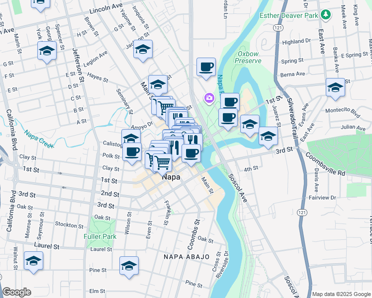 map of restaurants, bars, coffee shops, grocery stores, and more near 1000 Main Street in Napa