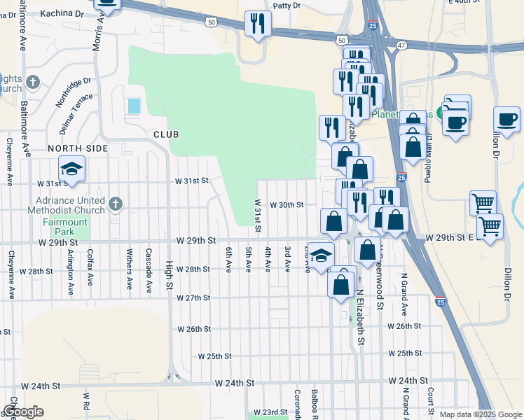 map of restaurants, bars, coffee shops, grocery stores, and more near 2939 4th Avenue in Pueblo