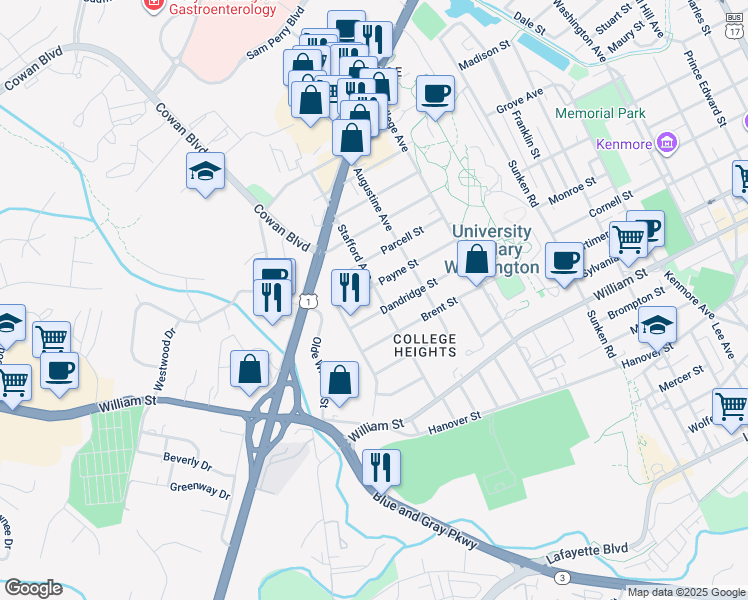 map of restaurants, bars, coffee shops, grocery stores, and more near 1408 Stafford Avenue in Fredericksburg