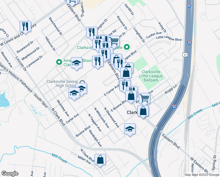 map of restaurants, bars, coffee shops, grocery stores, and more near 225 E Carter Ave in Clarksville