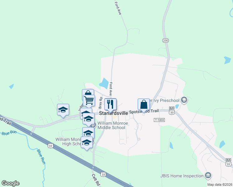 map of restaurants, bars, coffee shops, grocery stores, and more near 266 Ford Avenue in Stanardsville