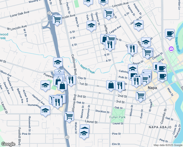 map of restaurants, bars, coffee shops, grocery stores, and more near 2234 Clay Street in Napa