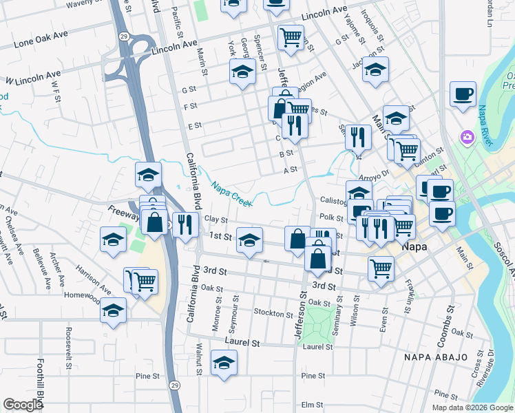 map of restaurants, bars, coffee shops, grocery stores, and more near 2168 Clay Street in Napa