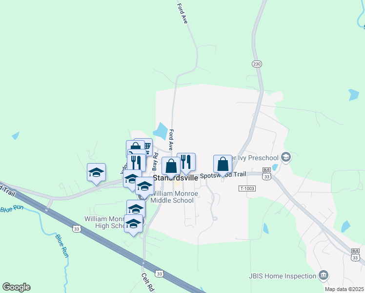 map of restaurants, bars, coffee shops, grocery stores, and more near 266 Ford Avenue in Stanardsville