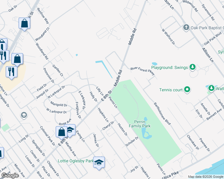 map of restaurants, bars, coffee shops, grocery stores, and more near 2100 Middle Road in Jeffersonville
